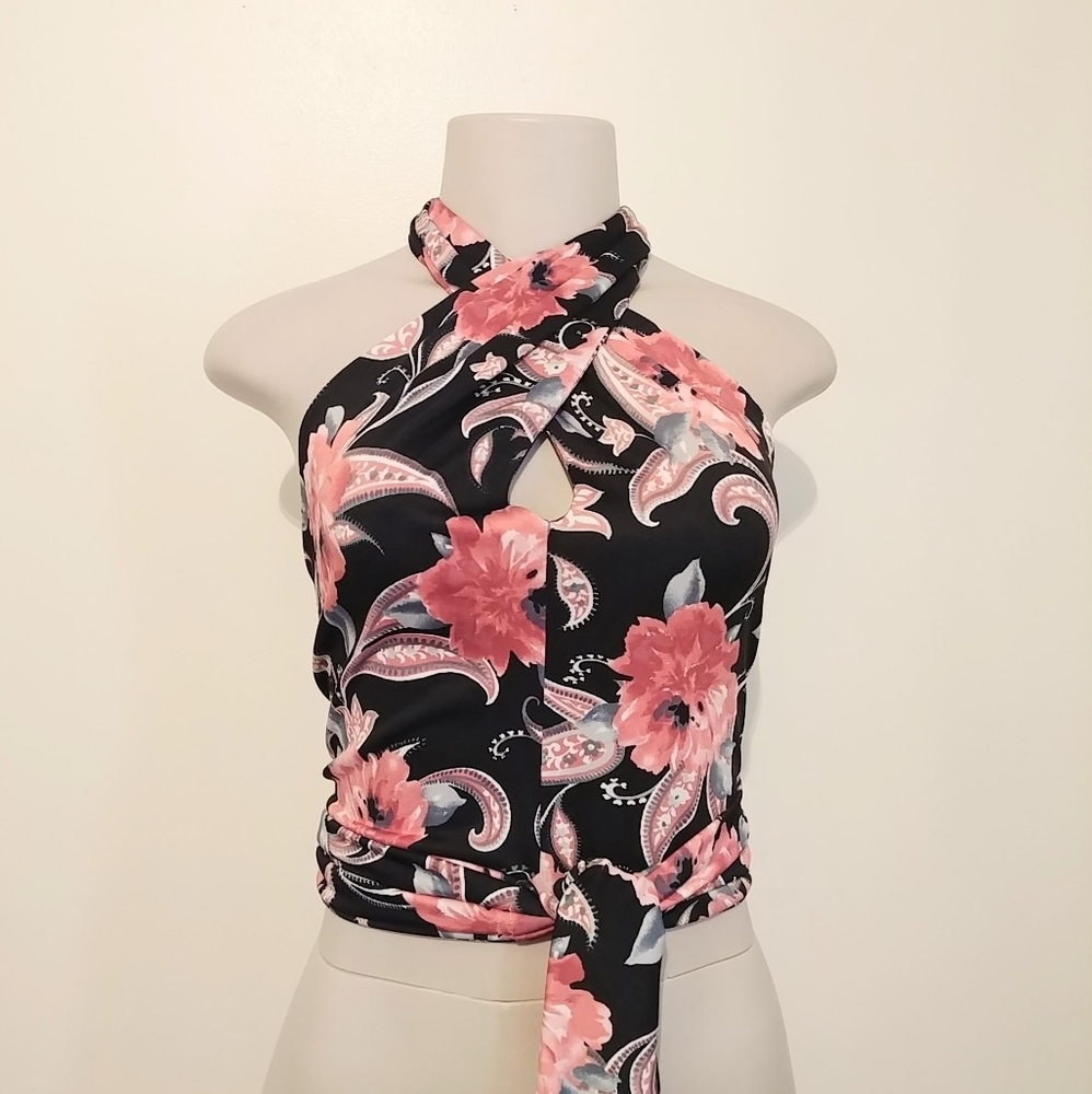 Black and Pink Floral Wrap Tie Crop Top